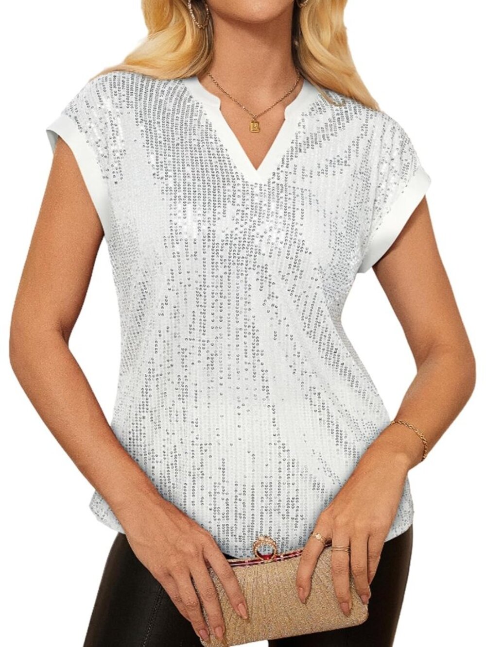 Women's Silver Sparkly Cap Sleeve Dressy Blouses Glitter Party V Neck Tops